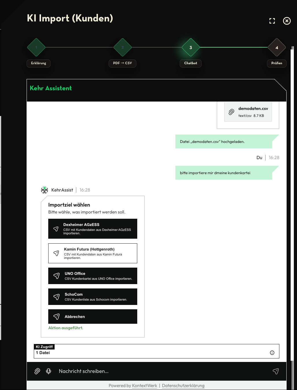 KI-Import: Auswahl des Importziels für Kundendaten