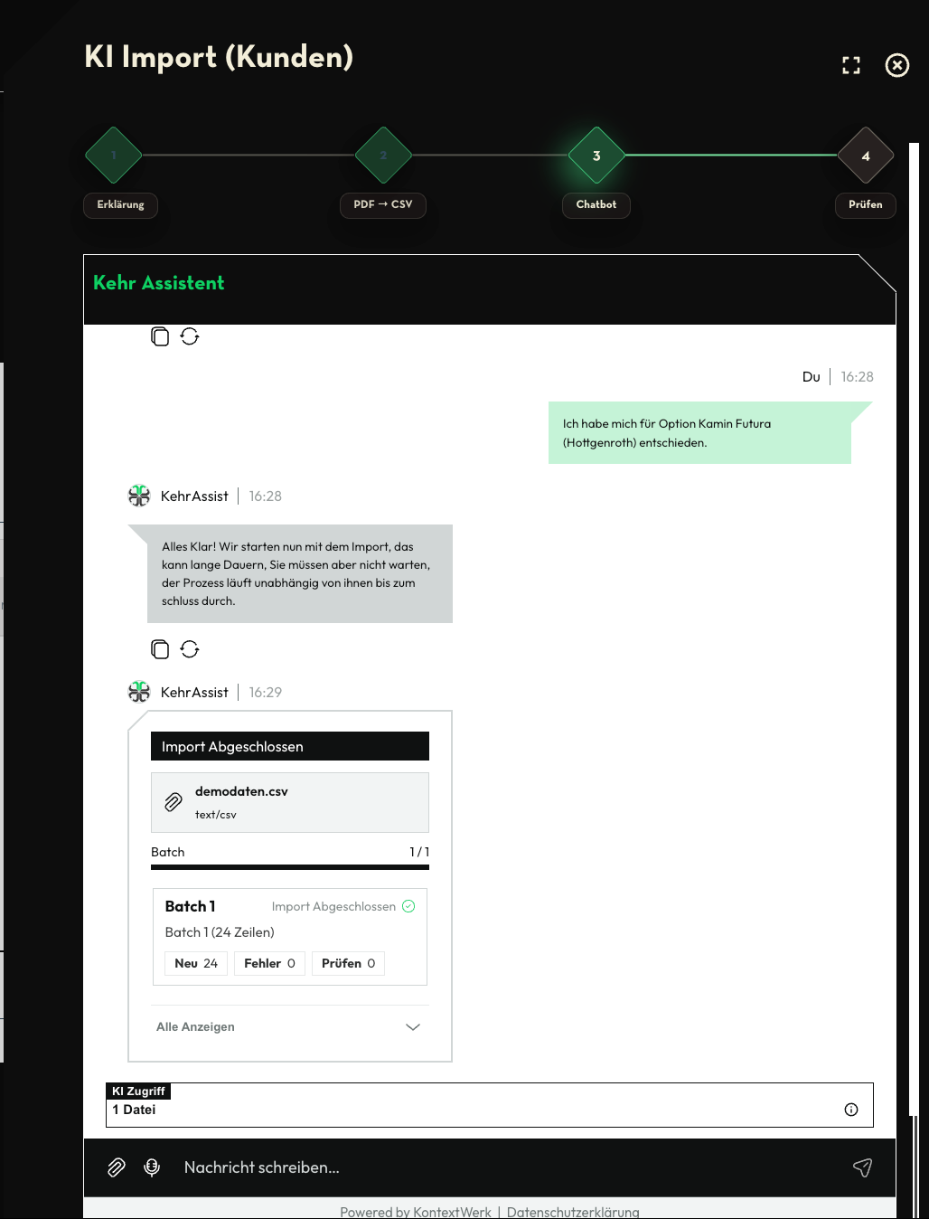 KI-Import abgeschlossen: Batch-Übersicht mit importierten Kunden