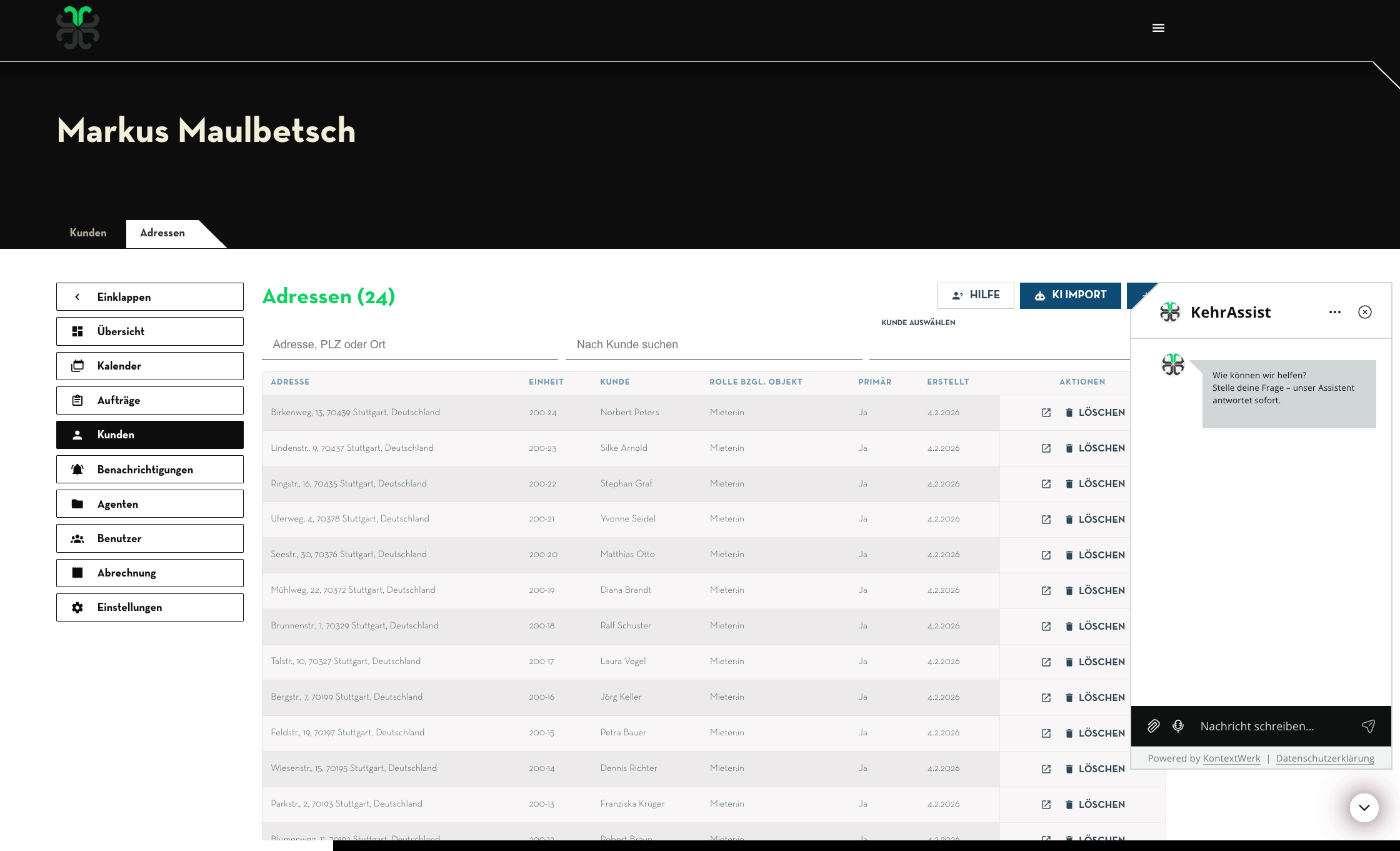 Adressübersicht: Importierte Kundenadressen mit Objektrollen
