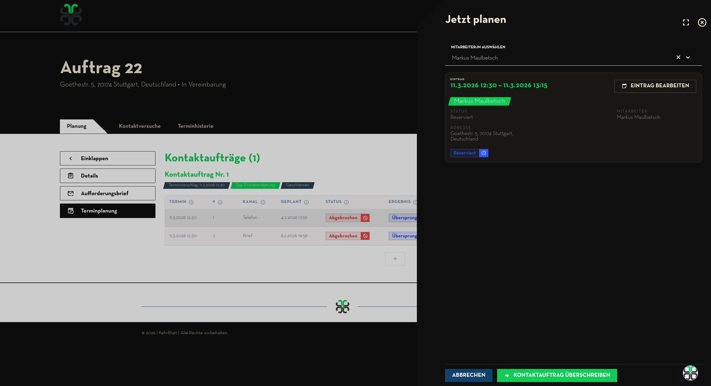Jetzt planen: Übersicht eines reservierten Termineintrags mit Mitarbeiterzuordnung
