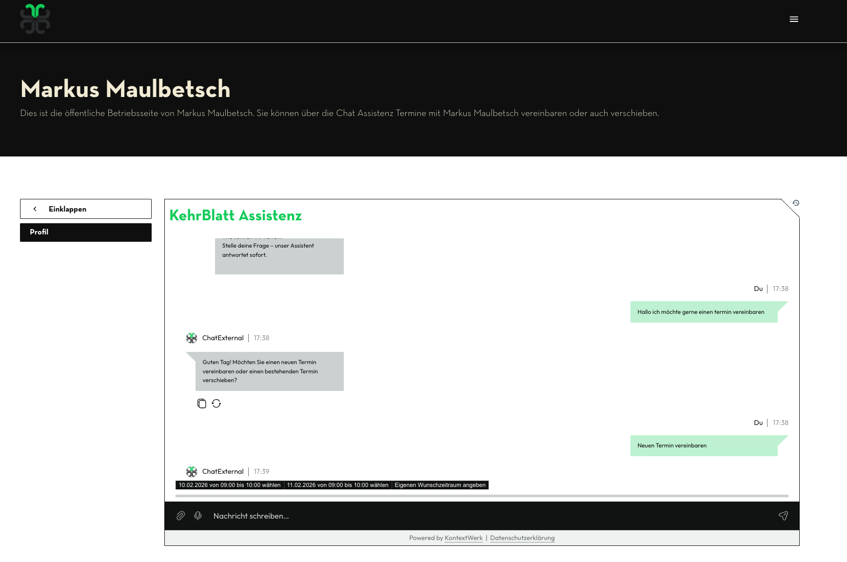 Öffentliche Betriebsseite: Kunden vereinbaren Termine direkt über den Chat-Assistenten