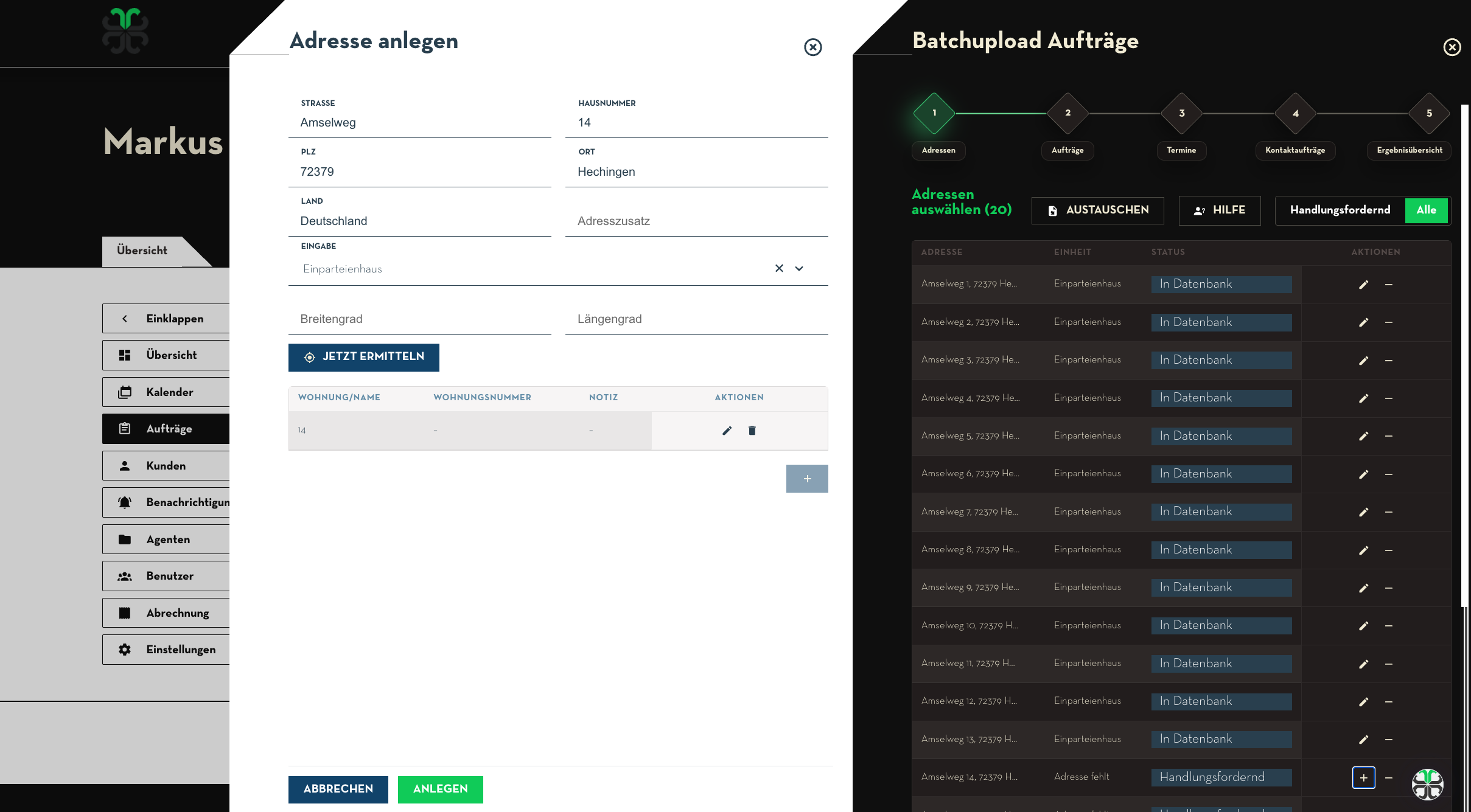 Adresse anlegen: Formular zur manuellen Erfassung einer neuen Adresse mit Einheiten