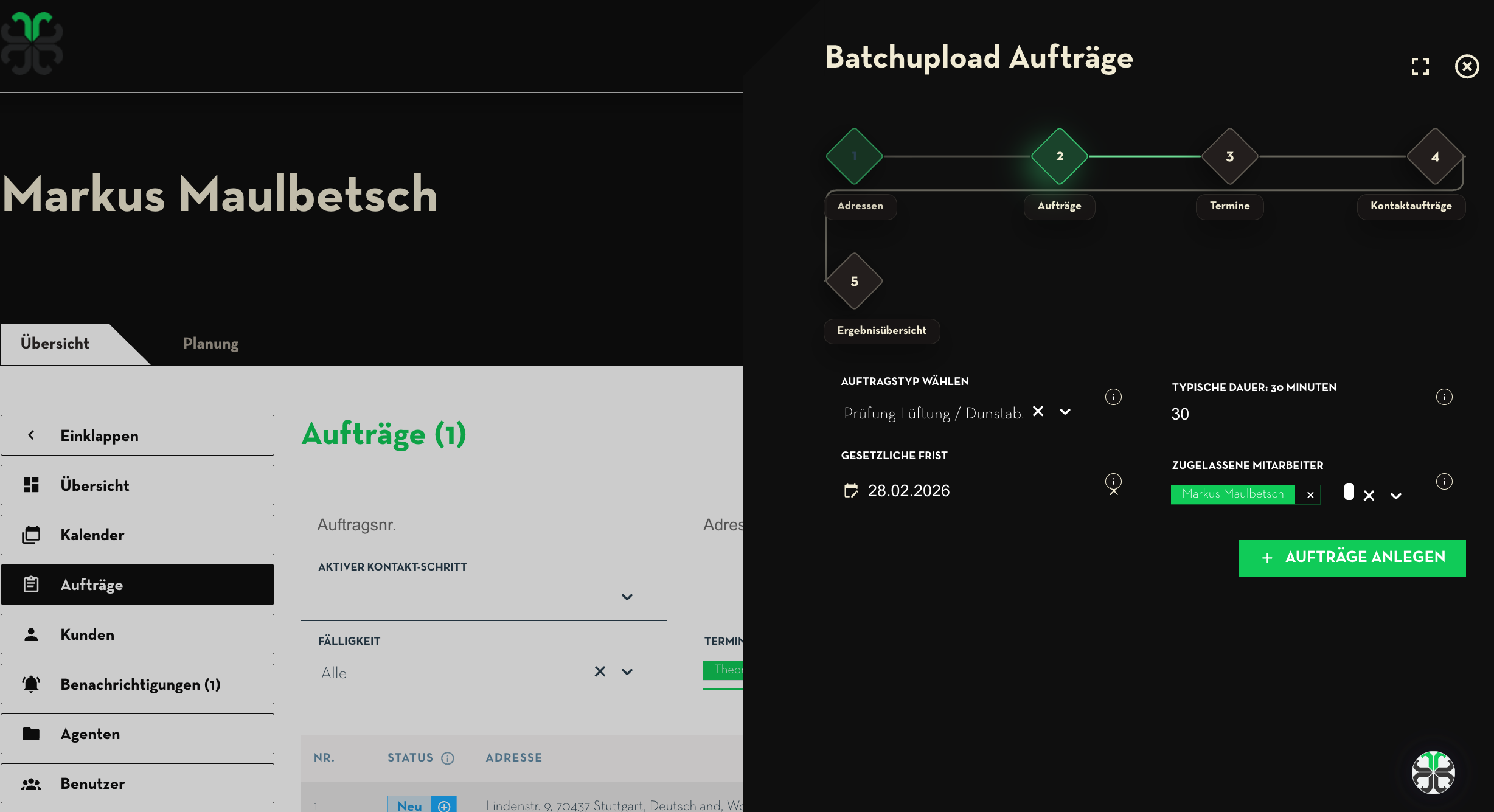 Batchupload Aufträge: Schritt 1 – Adressen auswählen und Status prüfen