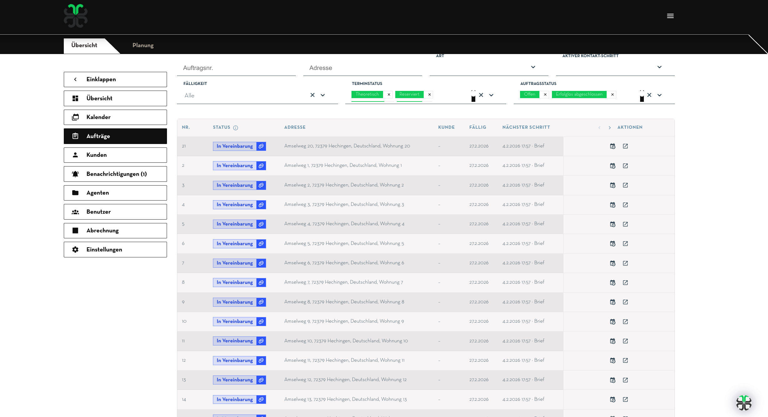 Batchupload Aufträge: Ergebnisübersicht mit angelegten Aufträgen, Terminen und Kontaktaufträgen