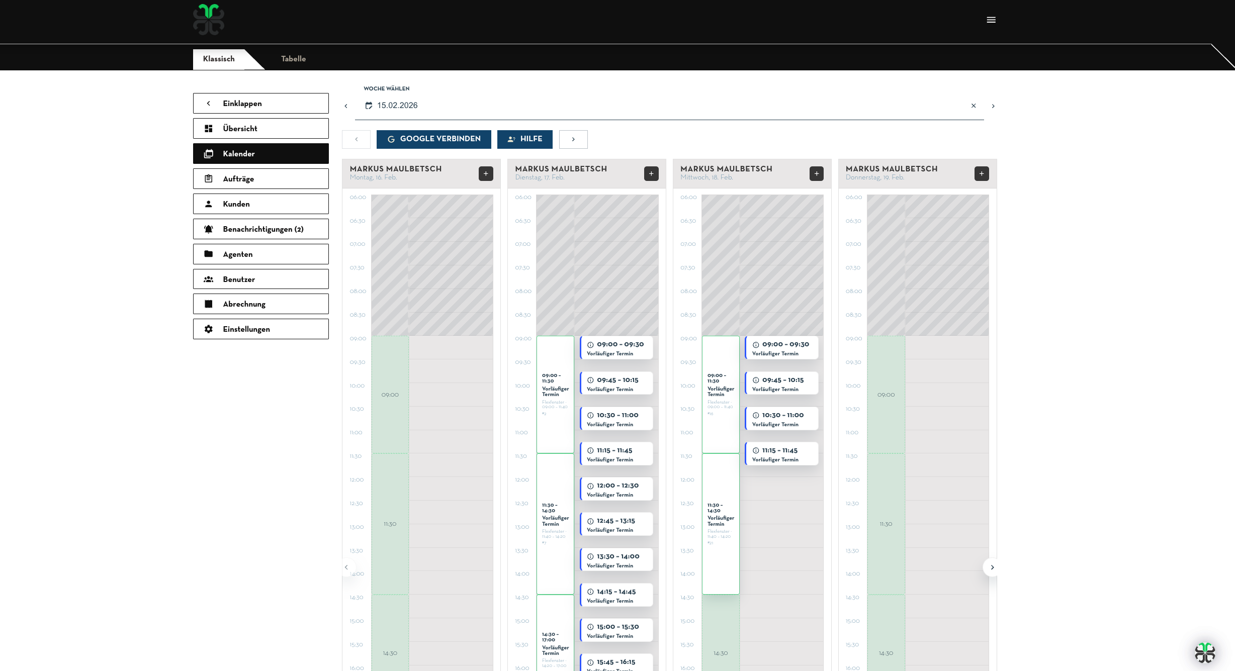 Auftragsübersicht: Ergebnis des Batchuploads mit gefilterten Aufträgen und Status In Vereinbarung